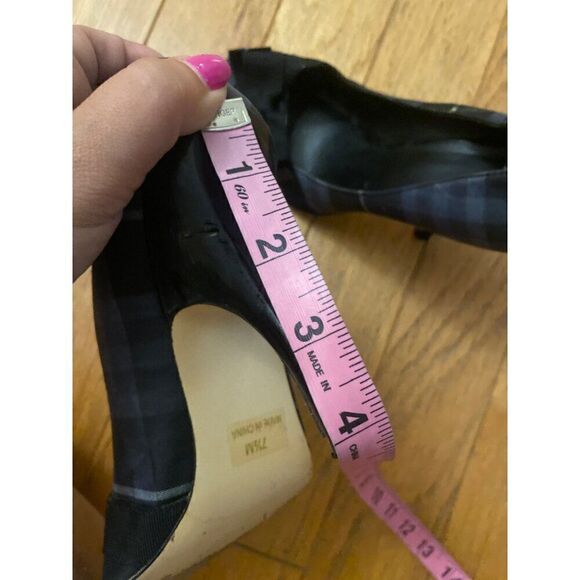 Joey women's dark navy blue plaid peep toe front bow 4" high heels size 7.5M - Picture 7 of 9